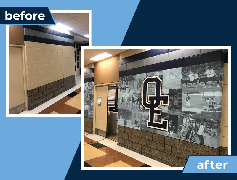 Bannerville Oswego Illinois Education School Branding Signage Photo Student athletes Mural collage before and after transformation