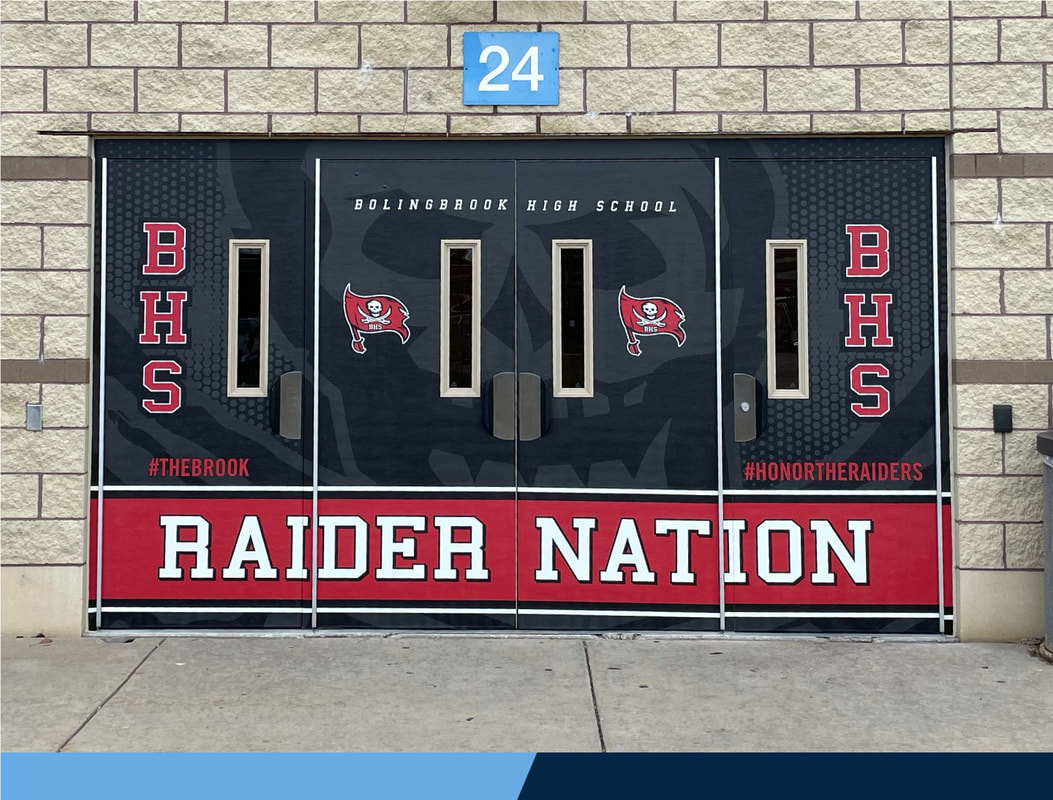 Bolingbrook High School Branding Bannerville Signs Gym Entrance Classroom Mural Door Wraps Logo decals wall graphics Raider Nation
