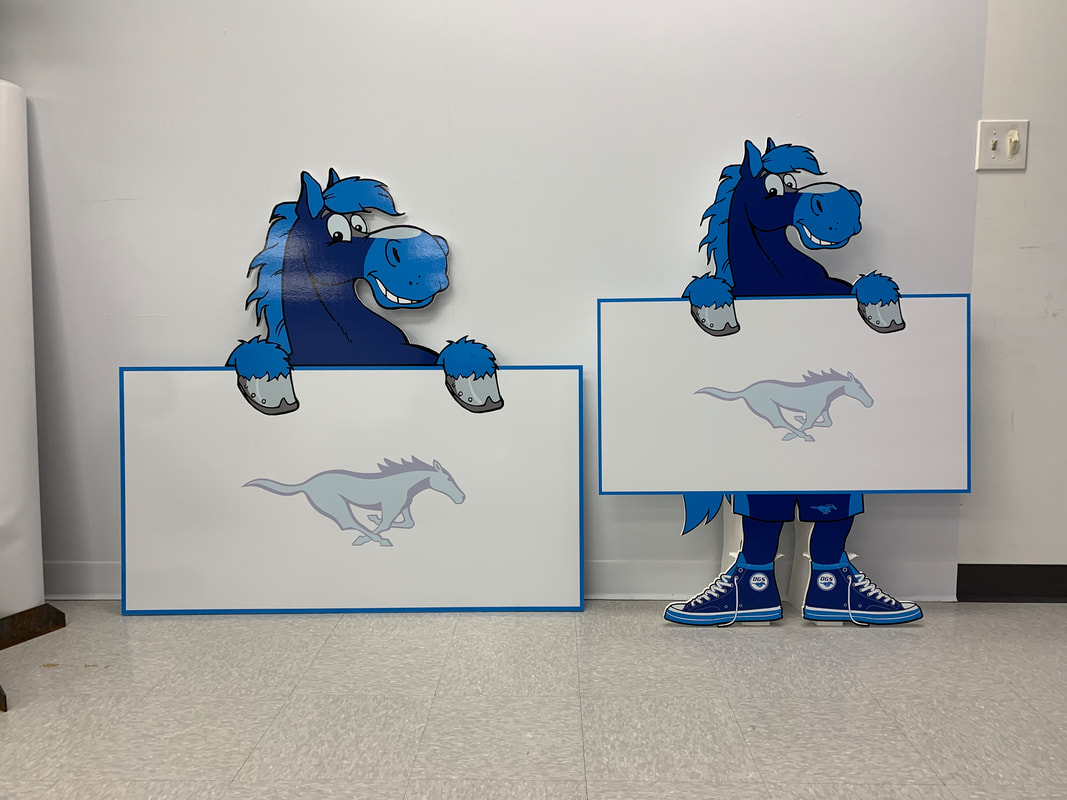 Mascot logo lifesize cutout highschool signs mustang bannerville Downers grove school education pride