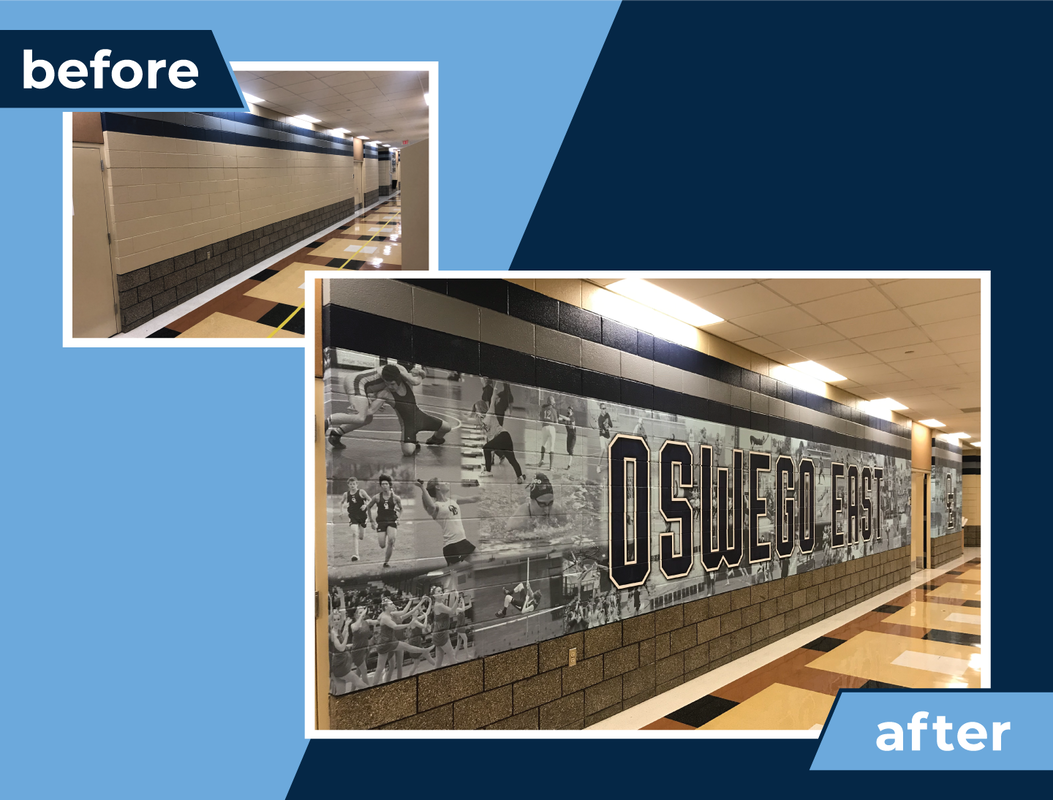 Bannerville Oswego Illinois Education School Branding Signage Photo Student athletes Mural collage before and after transformation