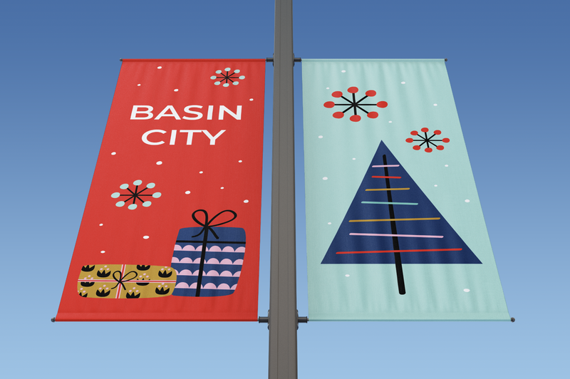 Bannerville Holiday stock design light pole banners and installation.