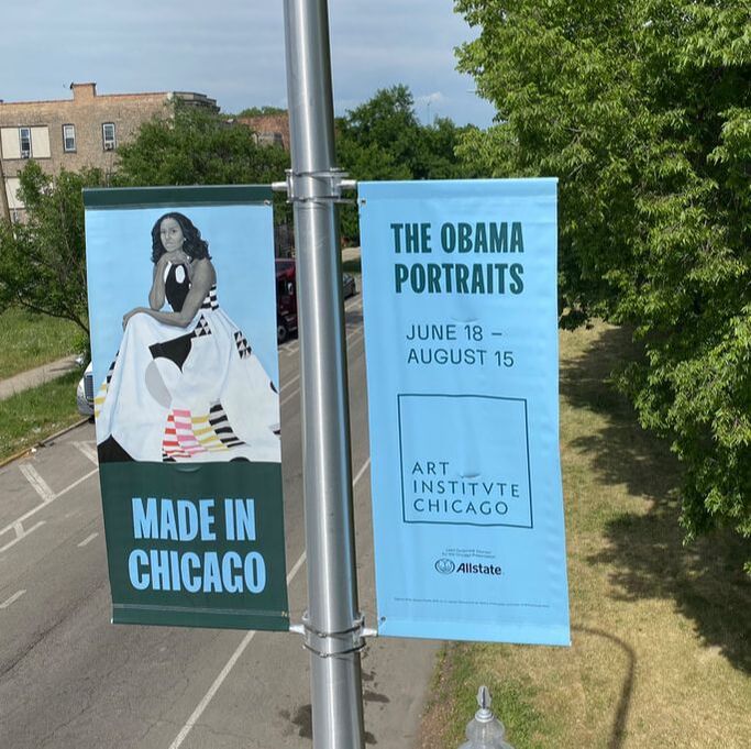 Bannerville Art Institute Chicago The Obama Portraits Signs Banners Graphics Illinois Nonprofit lightpole banners