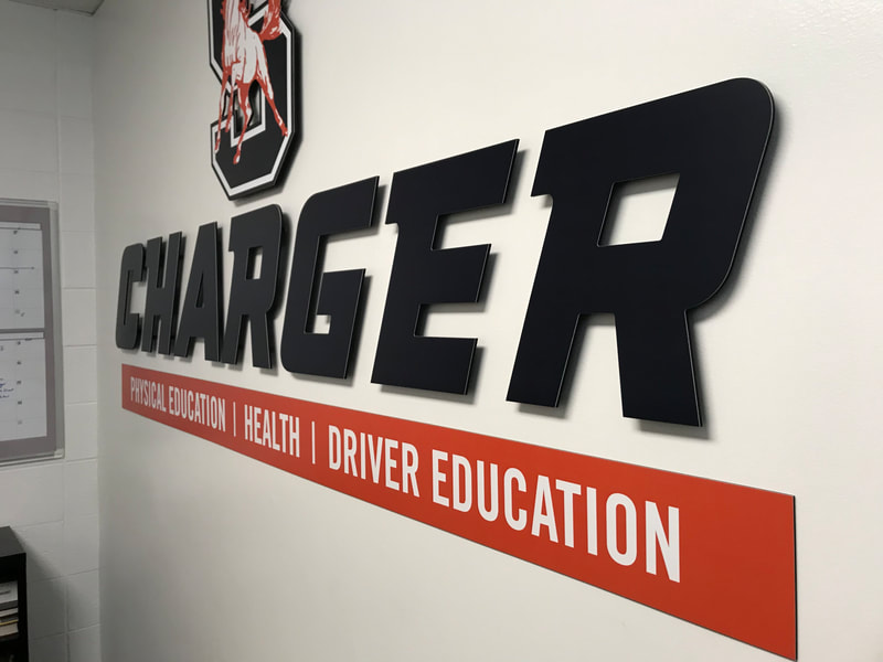 School Branding Stagg High School Chargers Chicago Illinois Education Bannerville Banners Signs Wall Graphics fathead athletics logo graphic design dimensional lettering door wraps