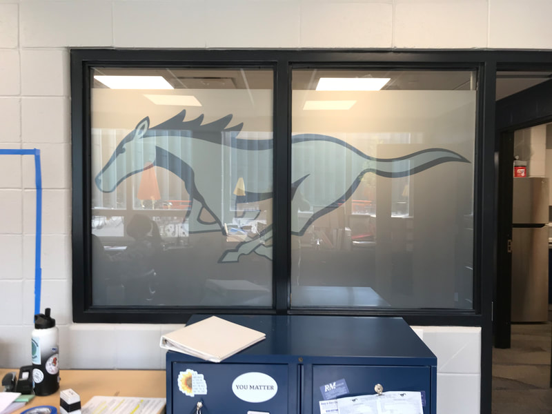 Illinois School Branding Signs Education Bannerville Downers Grove Window Graphics Logo wall decals large format printer mustangs student activities office 