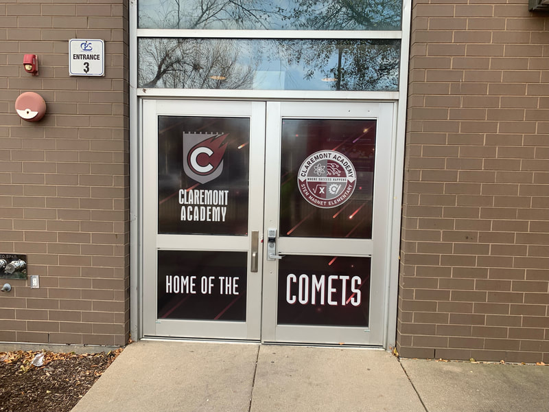 School Branding Illinois Bannerville Comets Education Logo Graphics Stairwell stickers Murals Decals Library Welcome Entrance