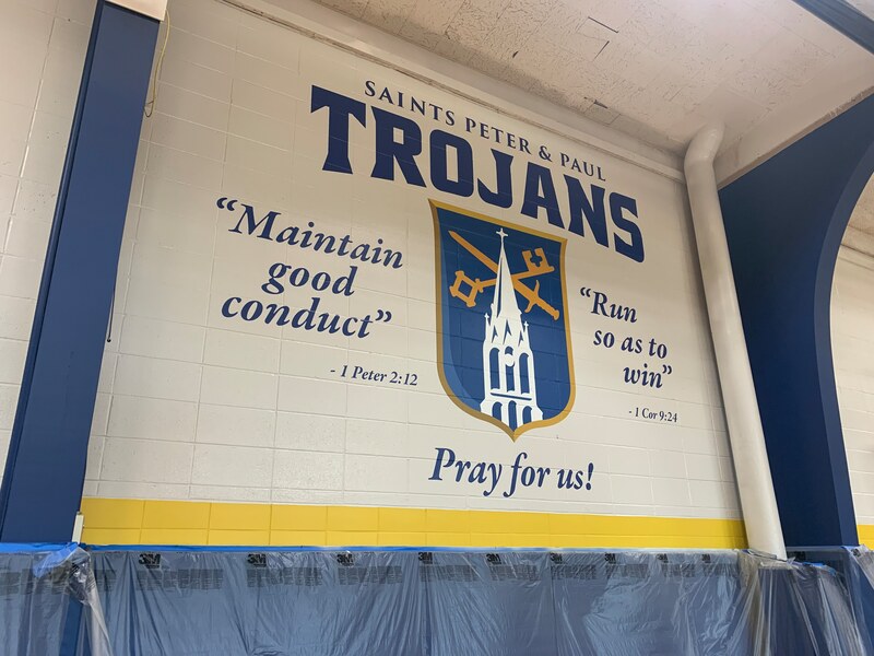 School Gym Branding naperville illinois Bannerville Signs education signage Home of the trojans bleachers window graphics logo signs