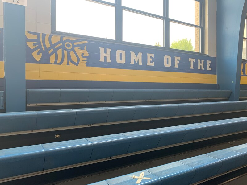 School Gym Branding naperville illinois Bannerville Signs education signage Home of the trojans bleachers window graphics logo signs