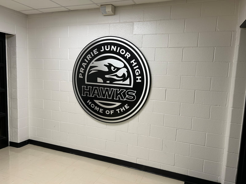 Prairie Junior High School. Home of the Hawks. District 126. Alsip, Illinois. Dimensional Logo Wall Sign. 